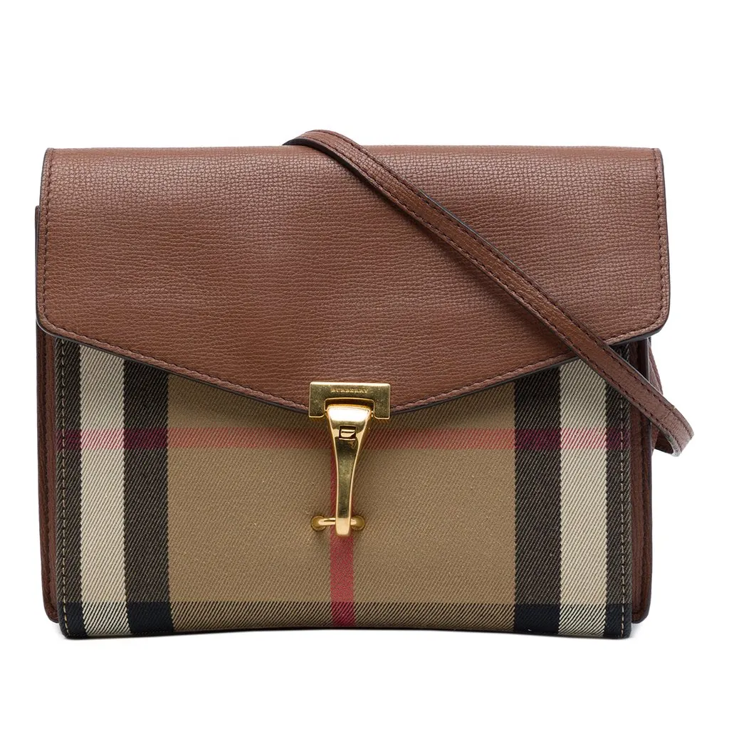 Burberry Small Leather and House Check Canvas Derby Macken Crossbody Brown Very good - Front View