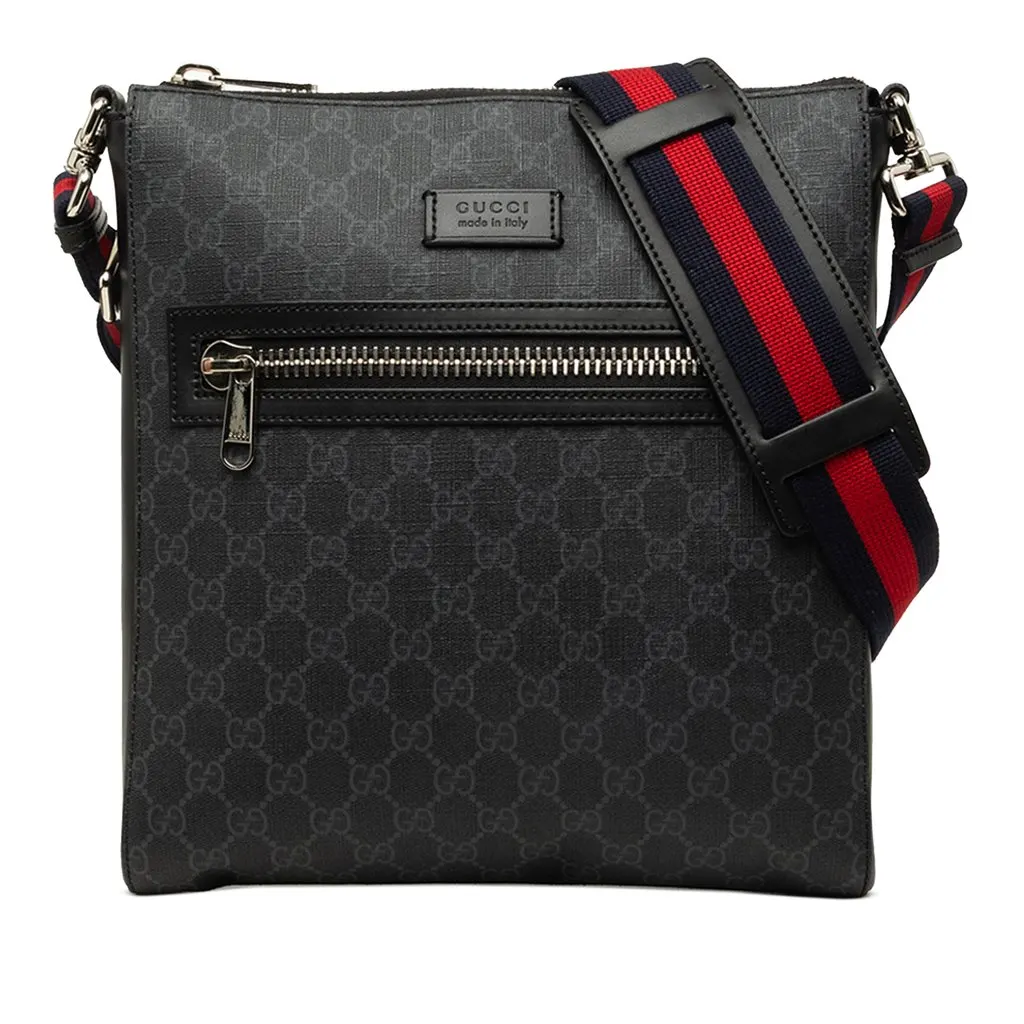 Gucci Medium GG Supreme Web Messenger Bag Black Canvas Good - Front View