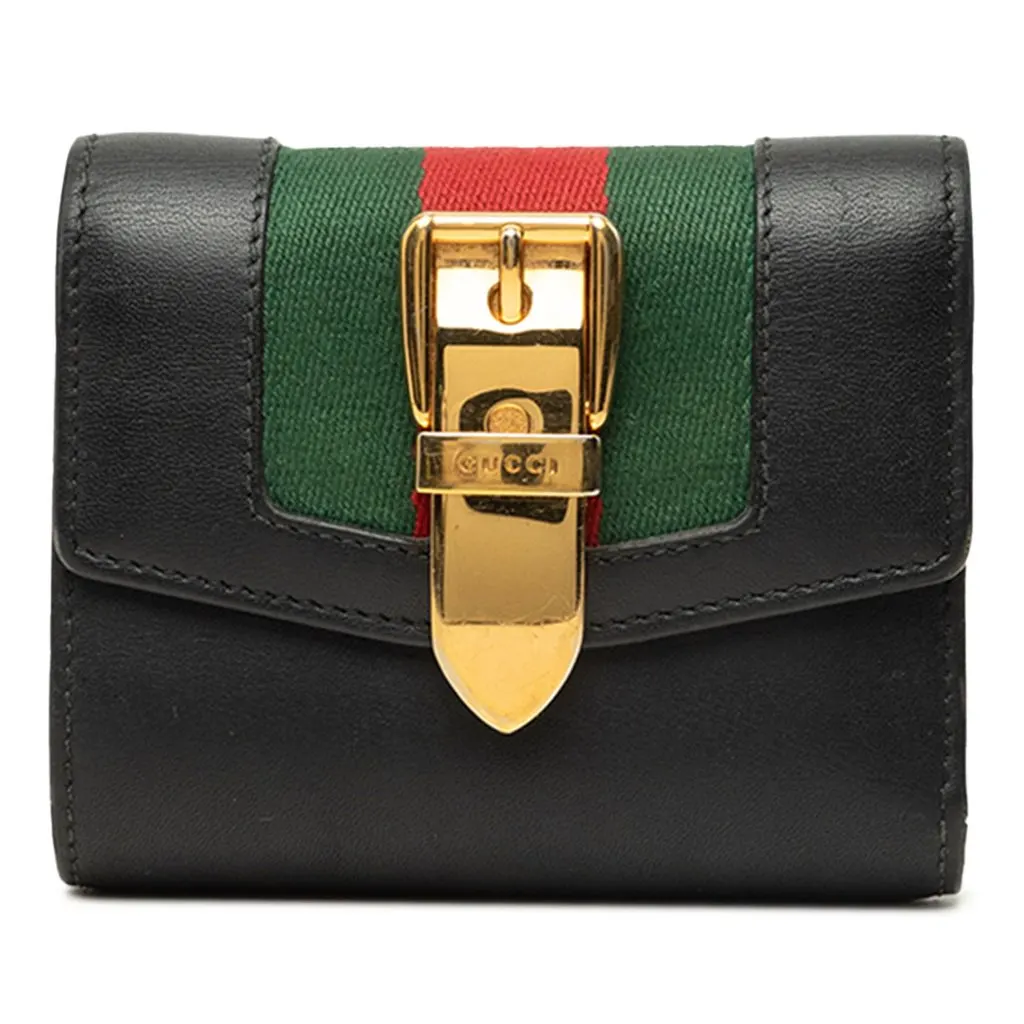 Gucci Calfskin Sylvie Web Compact Wallet Black Leather Good - Front View