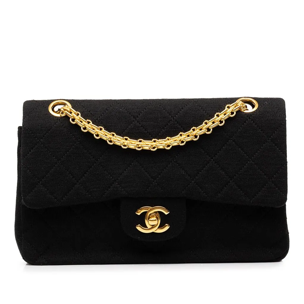 Chanel Small Classic Jersey Double Flap Black Cotton Good - Front View