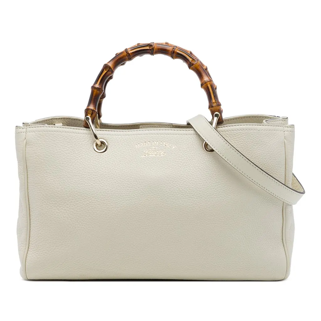 Gucci Medium Calfskin Bamboo Shopper Satchel White Leather Very good - Front View