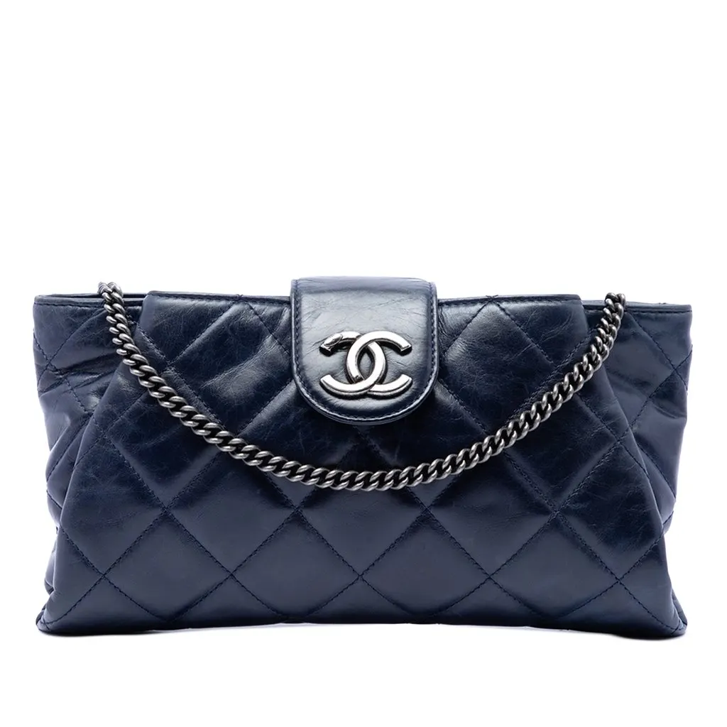 Chanel Quilted Glazed Calfskin Coco Pleats Chain Clutch Blue Leather Very good - Front View