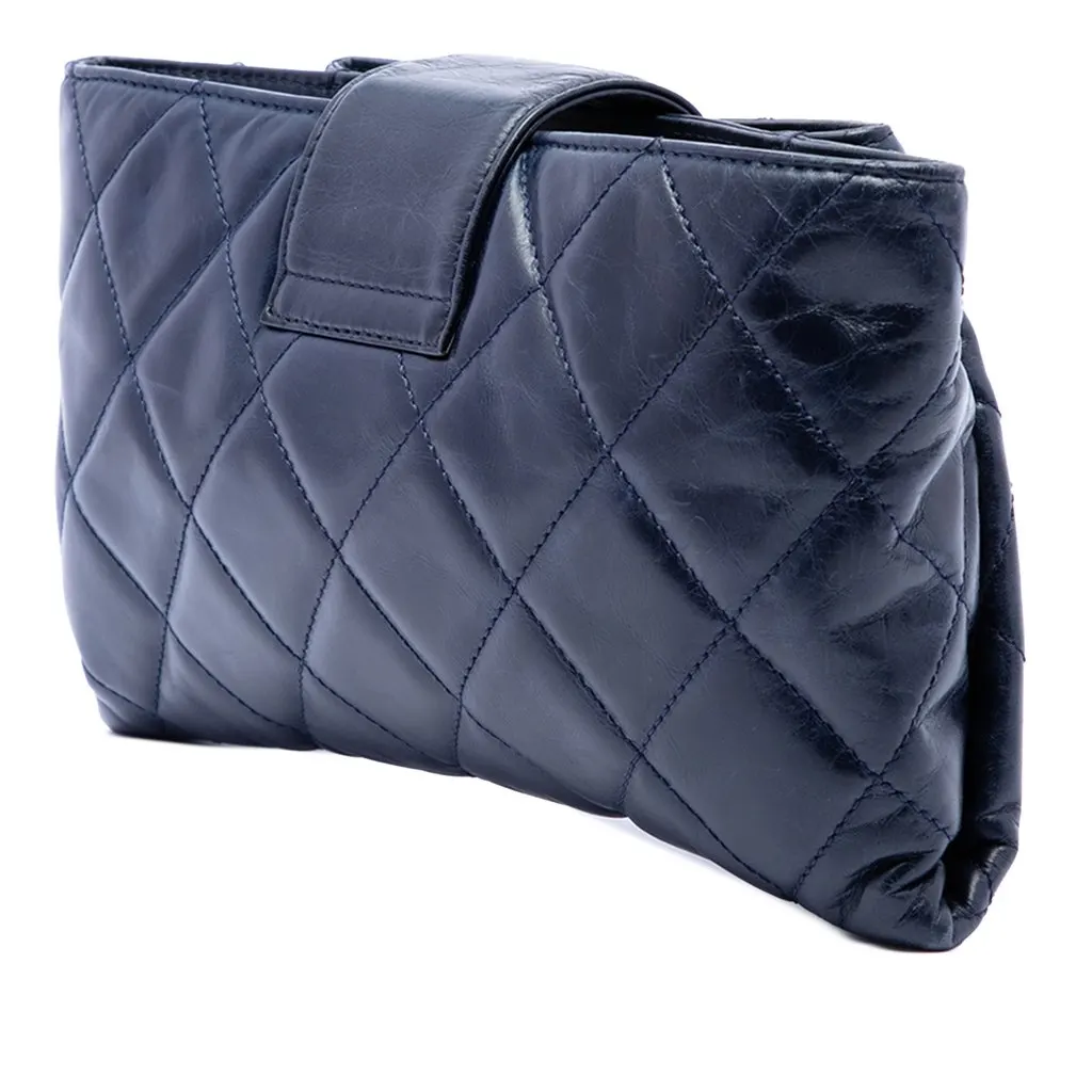 Chanel Quilted Glazed Calfskin Coco Pleats Chain Clutch Blue Leather Very good - Back View