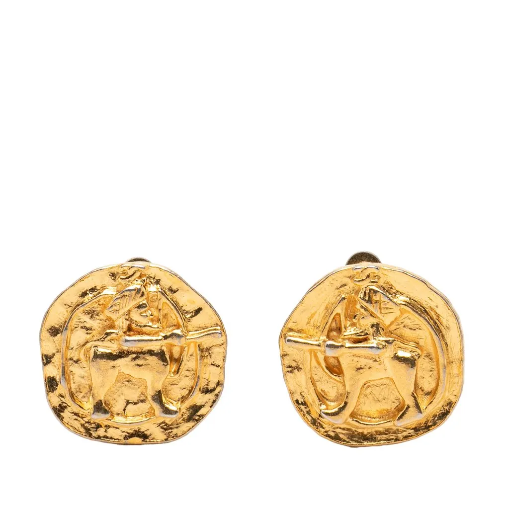 Chanel Gold Plated Archer Medallion Clip On Earrings Gold Metal Very good - Front View