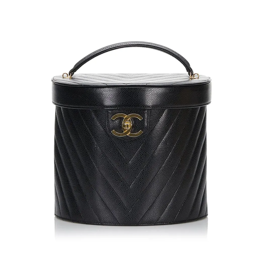 Chanel CC Caviar Vanity Box Case Black Leather Good - Front View