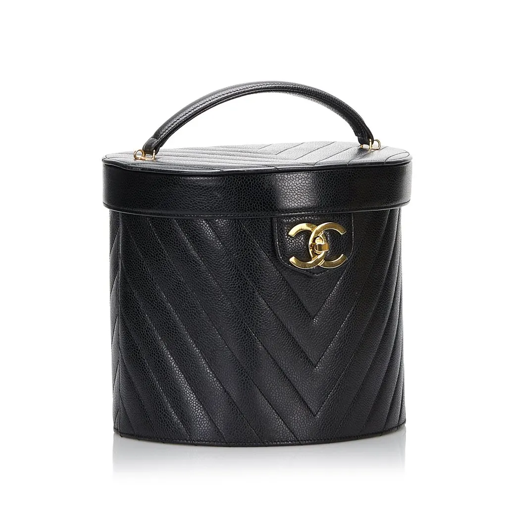 Chanel CC Caviar Vanity Box Case Black Leather Good - Back View