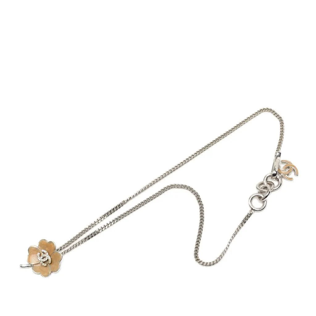 Chanel CC Brass Enamel and Strass Clover Pendant Necklace Silver Metal Very good - Front View