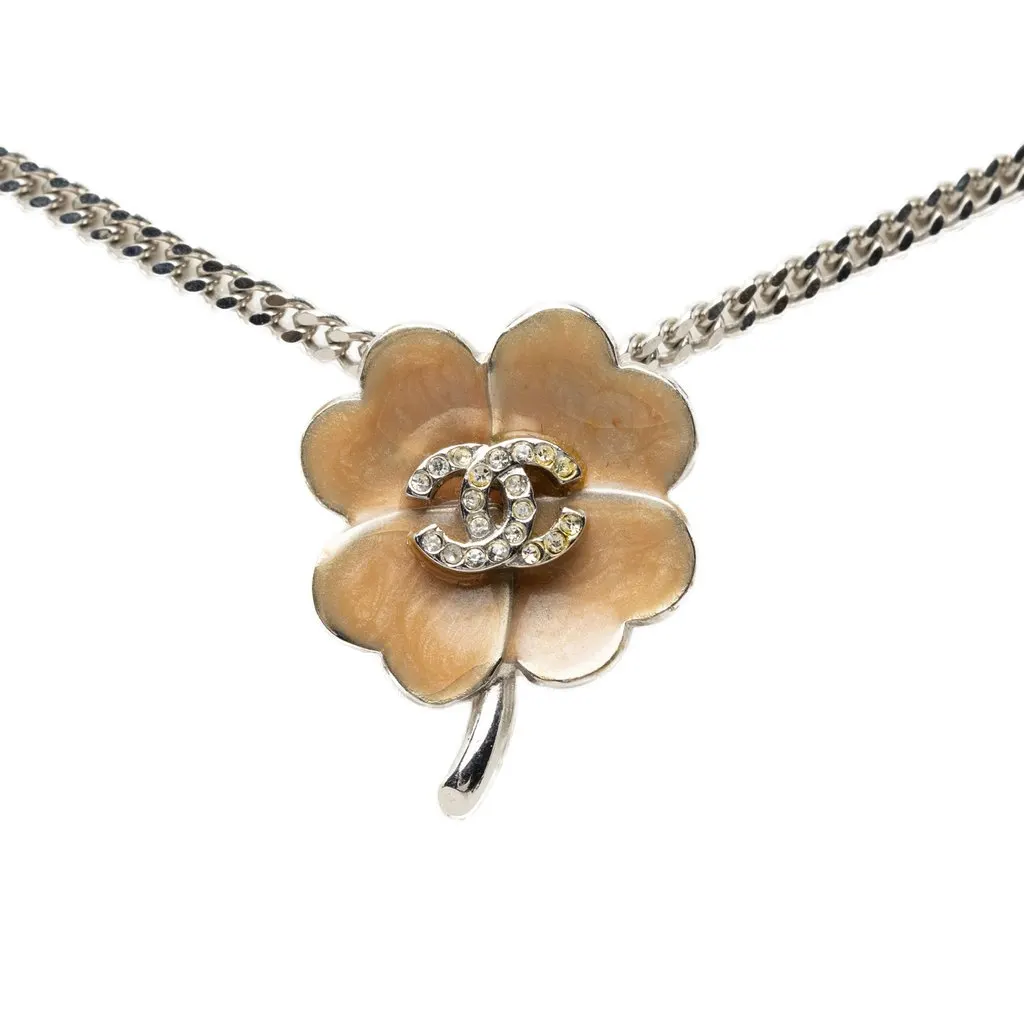Chanel CC Brass Enamel and Strass Clover Pendant Necklace Silver Metal Very good - Back View