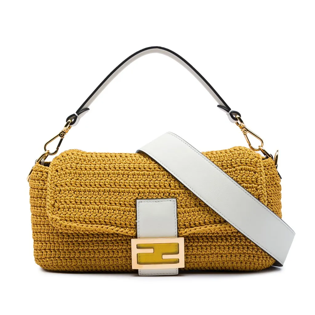 Fendi Crochet Raffia Baguette Satchel Brown Medium