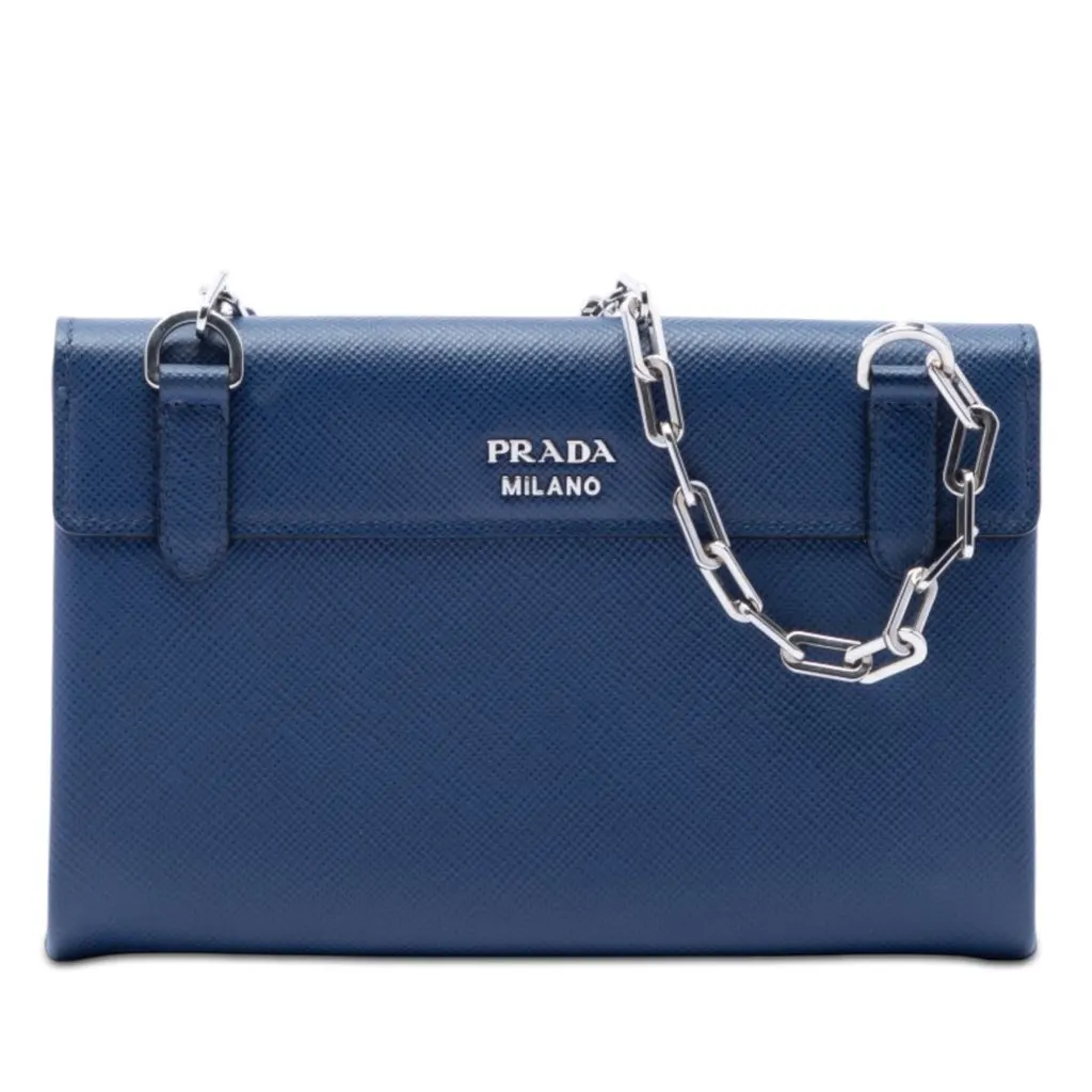 Prada Saffiano Cuir Twist Lock Chain Flap Blue Leather Very good - Front View