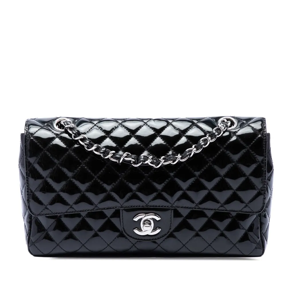 Chanel Medium Quilted Patent Secret Label Flap Black Leather Good - Front View