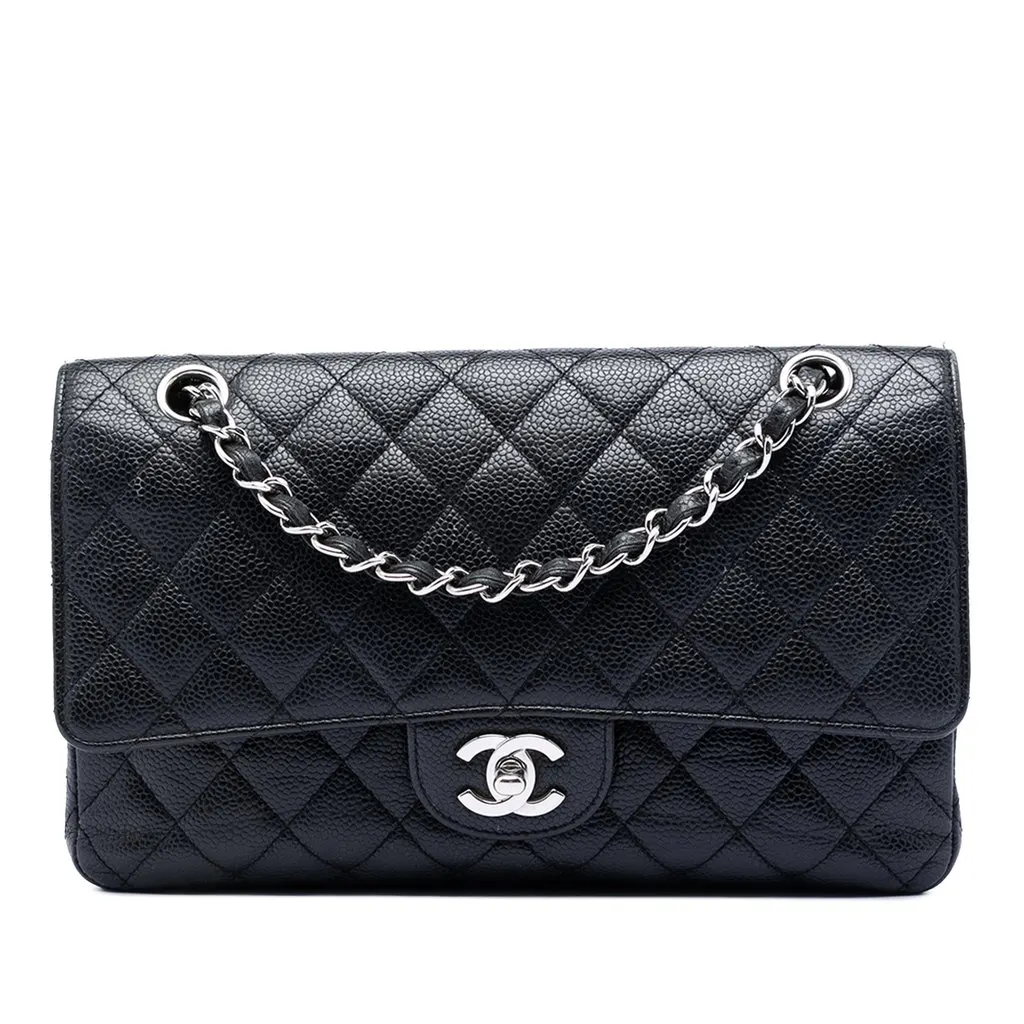 Chanel Medium Classic Caviar Double Flap Black Leather Very good - Front View