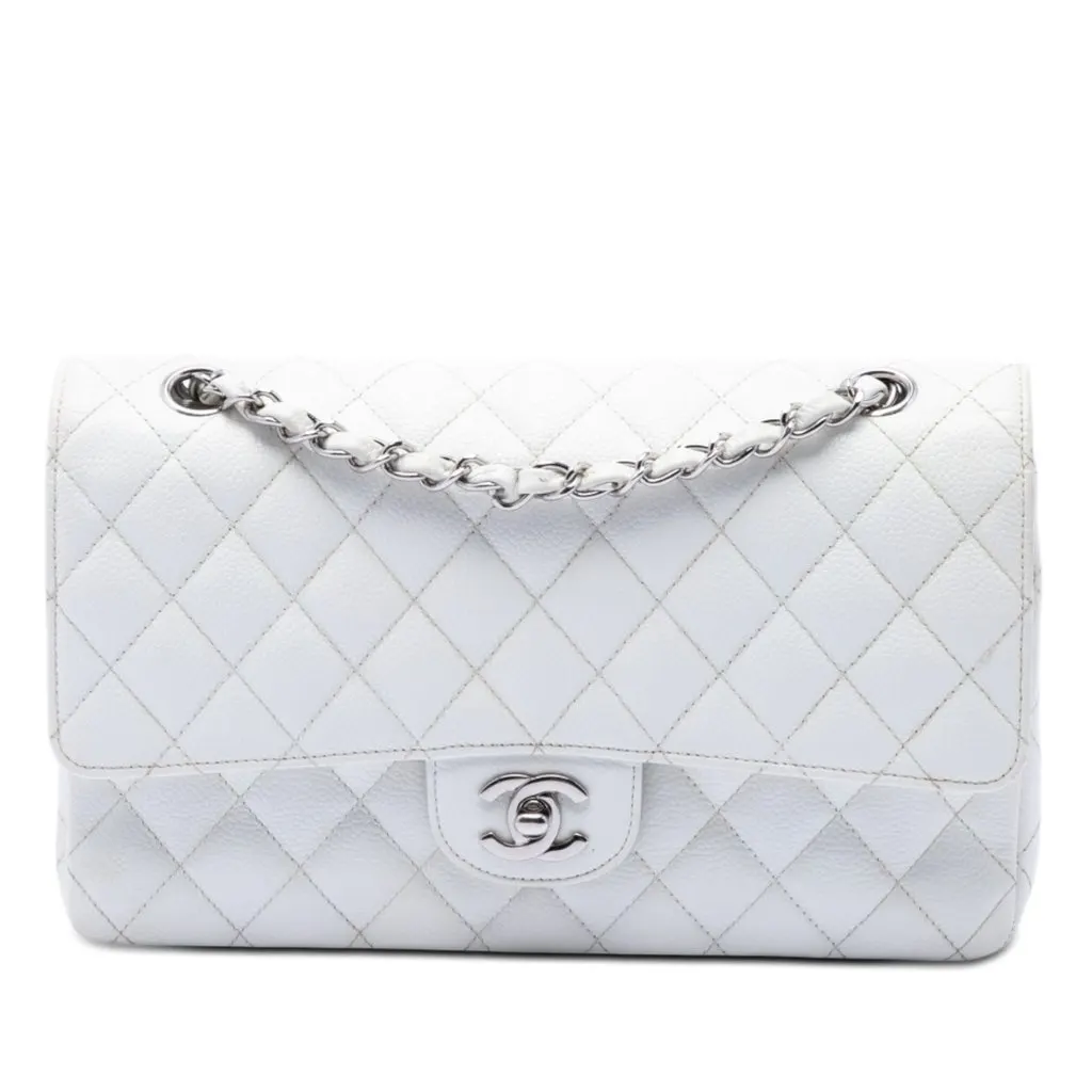 Chanel Medium Classic Caviar Double Flap White Leather Very good - Front View