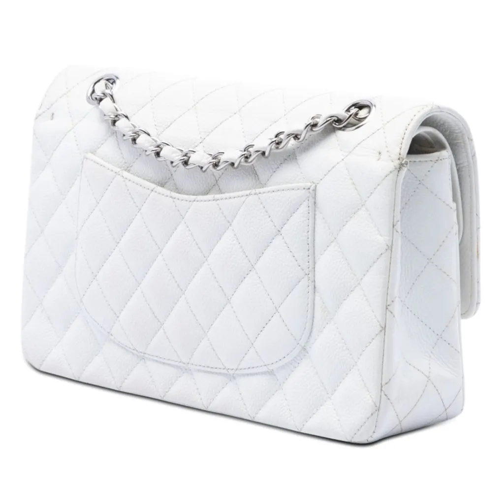 Chanel Medium Classic Caviar Double Flap White Leather Very good - Back View
