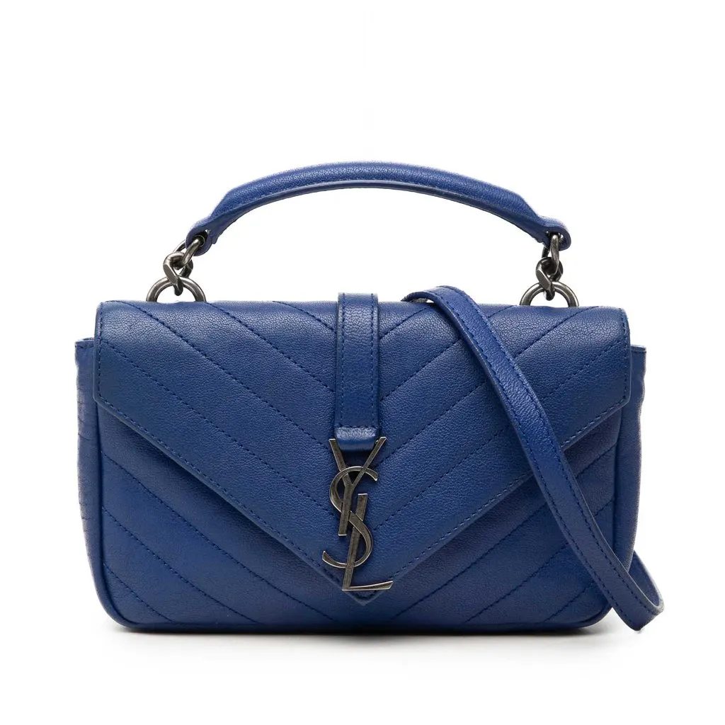 Saint Laurent Baby Chevron Sheepskin Classic Monogram Chain Bag Blue Leather Very good - Front View
