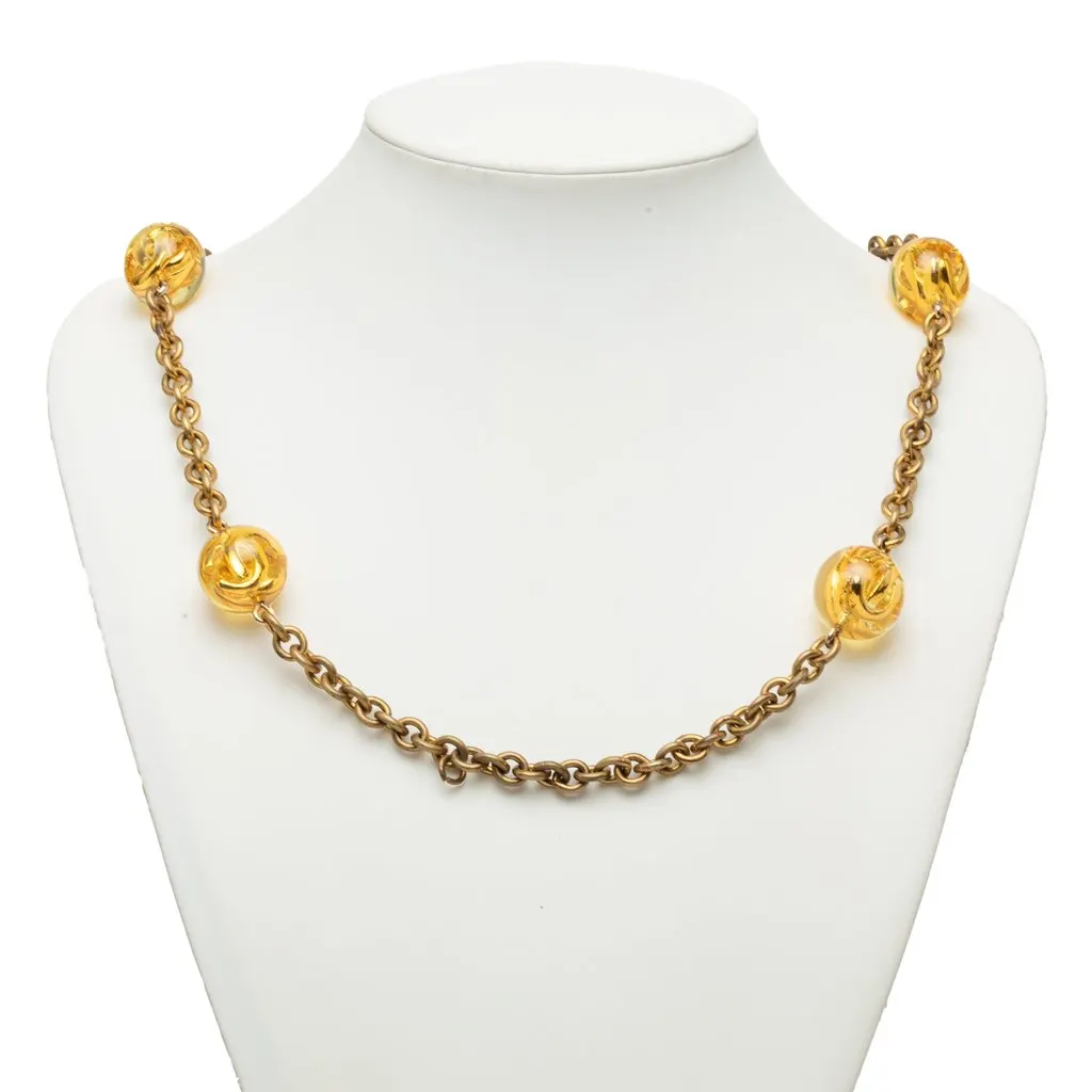 Chanel CC Gold Plated Resin Lucite Ball Station Long Necklace Gold Metal Very good - Box View