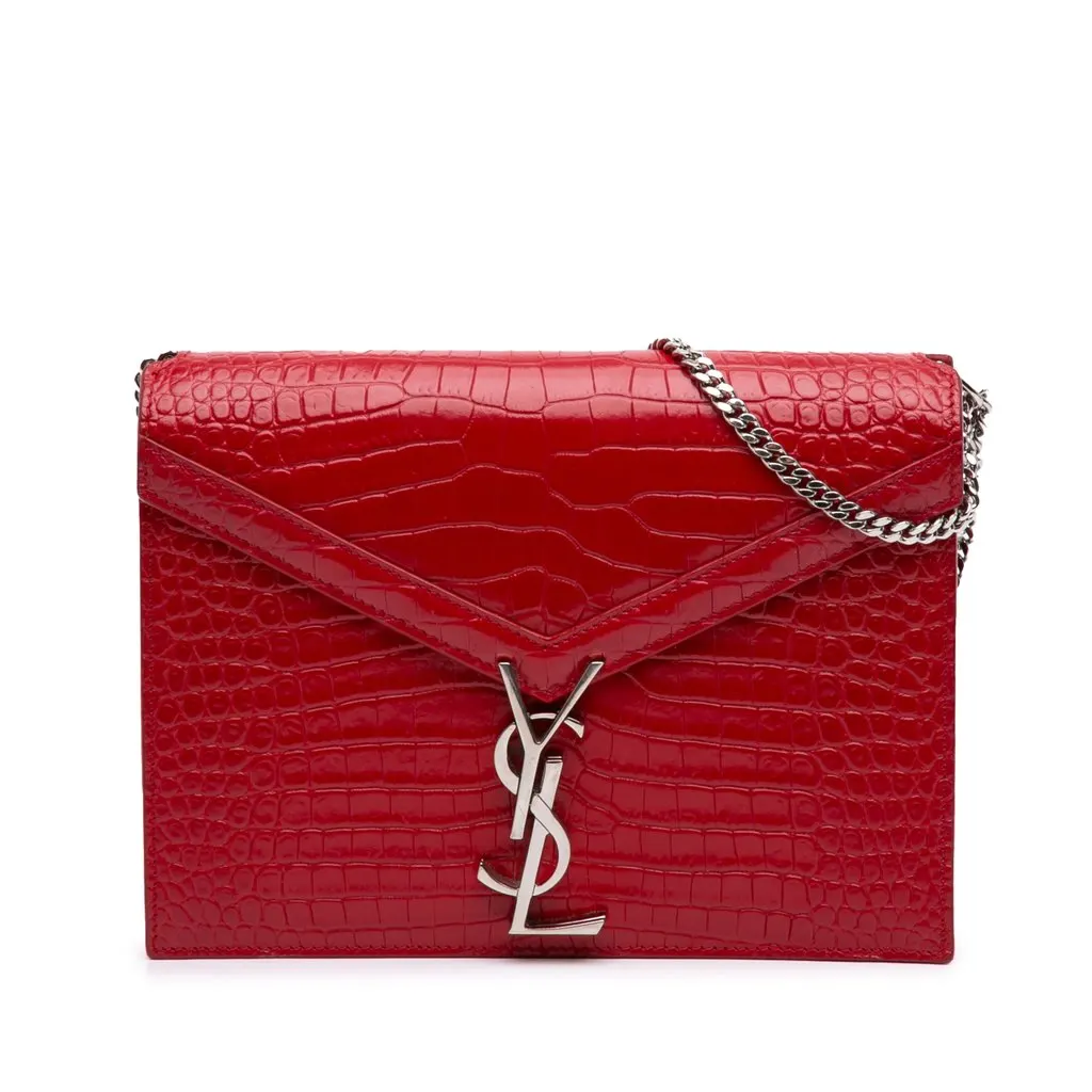 Saint Laurent Croc Embossed Leather Monogram Cassandra Clasp Bag Red Leather Very good - Front View