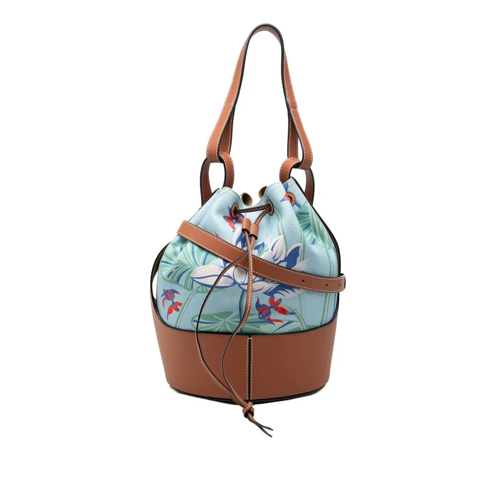 LOEWE Paulas Ibiza Small Canvas Mermaid Print Balloon Drawstring Bucket Bag Blue Very good - Front View