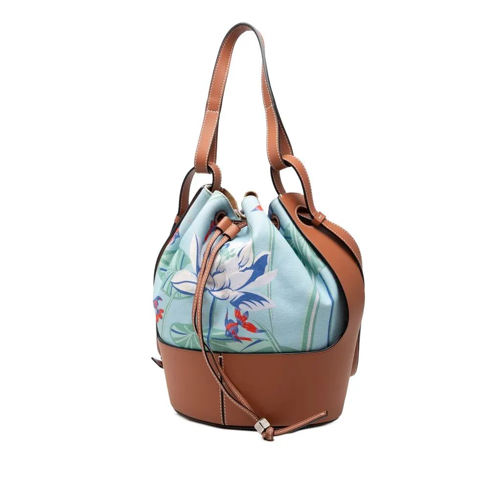 LOEWE Paulas Ibiza Small Canvas Mermaid Print Balloon Drawstring Bucket Bag Blue Very good - Back View