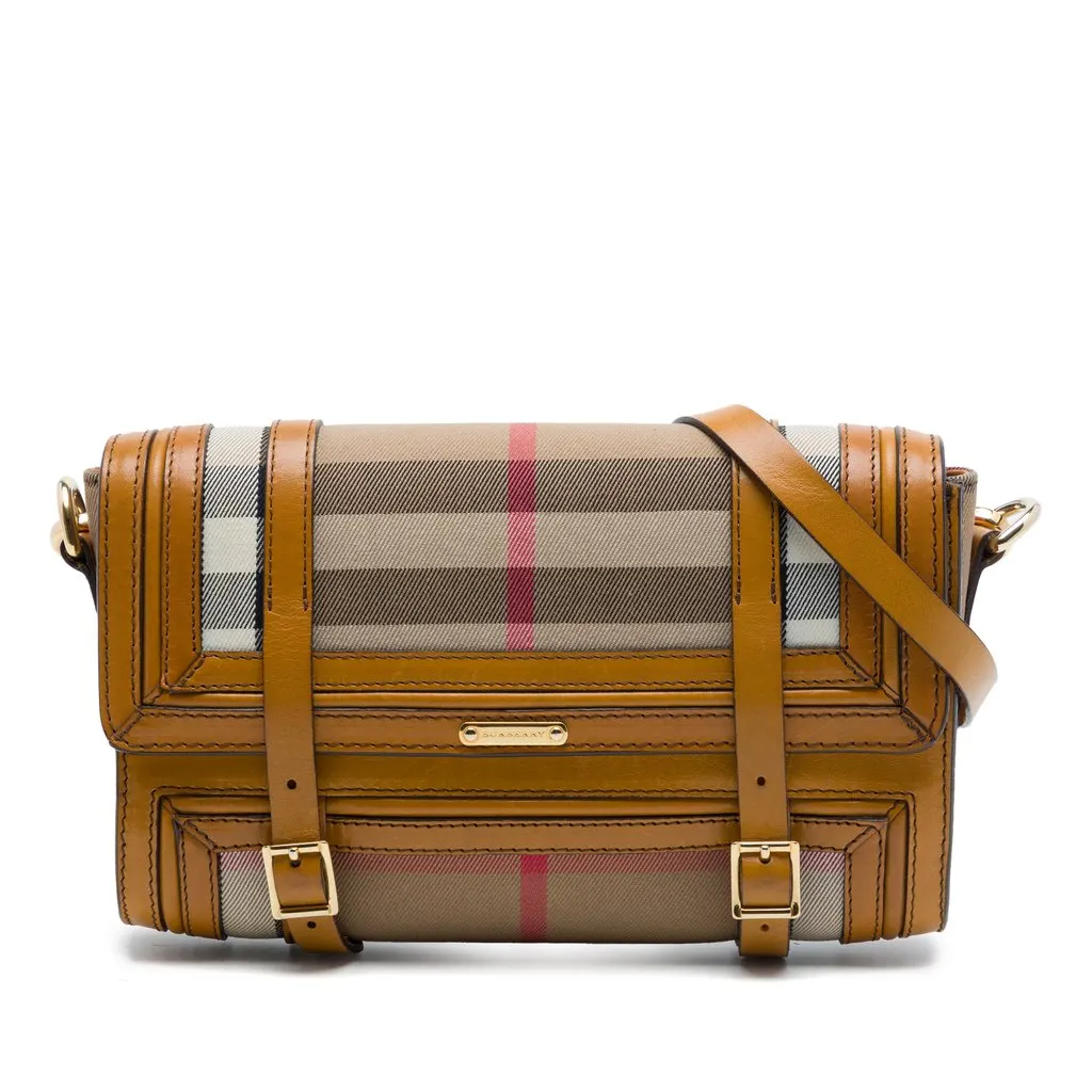 Burberry House Check Canvas and Leather Trimmed Bridle Crossbody Brown Very good - Front View