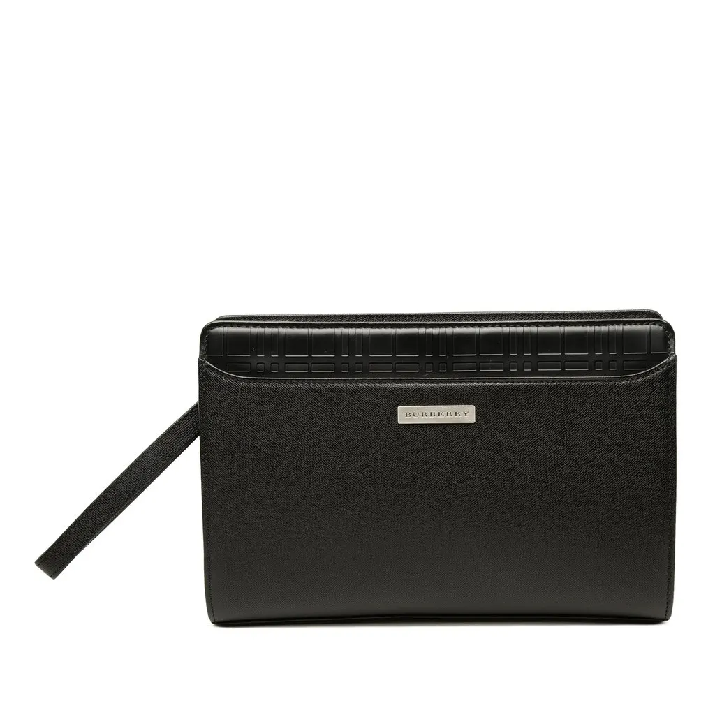 Burberry Check Embossed Leather Trimmed Clutch Black Leather Very good - Front View