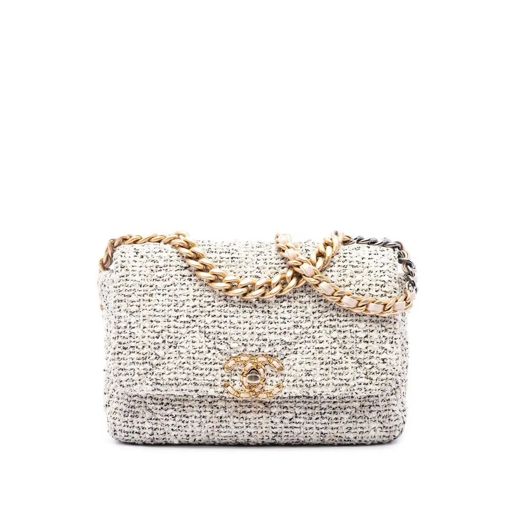 Chanel Medium Tweed 19 Flap Brown Tweed Good - Front View