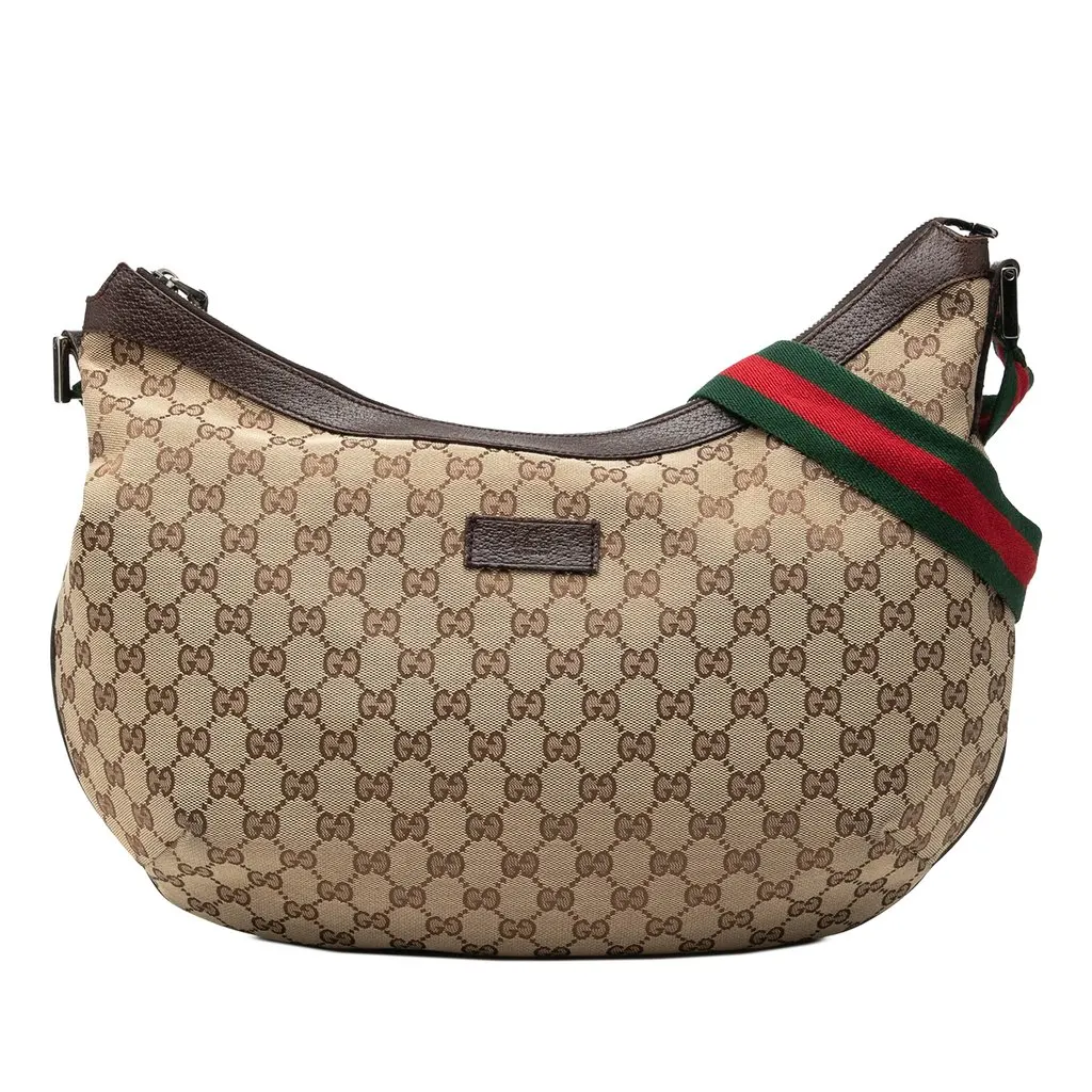Gucci GG Canvas Web Half Moon Crossbody Beige Very good - Front View