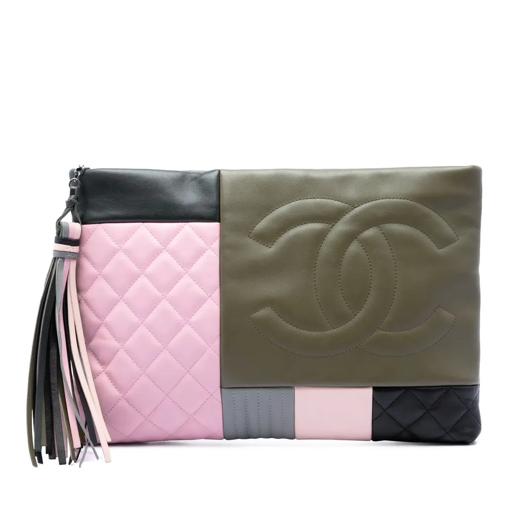 Chanel Large Lambskin Colorblock Patchwork O Case Green Leather Very good - Front View