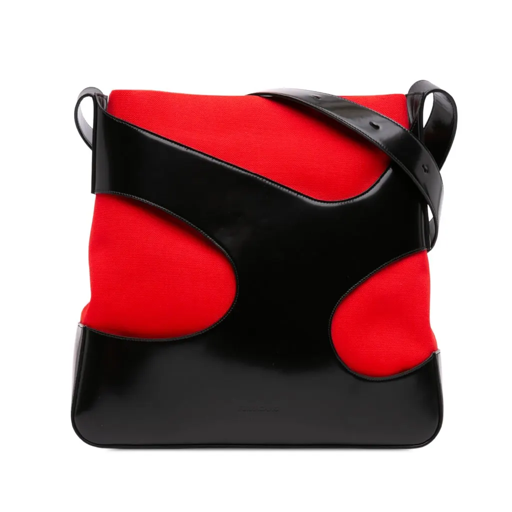 Salvatore Ferragamo Brushed Calfskin Cut Out and Canvas Crossbody Black Leather Very good - Front View