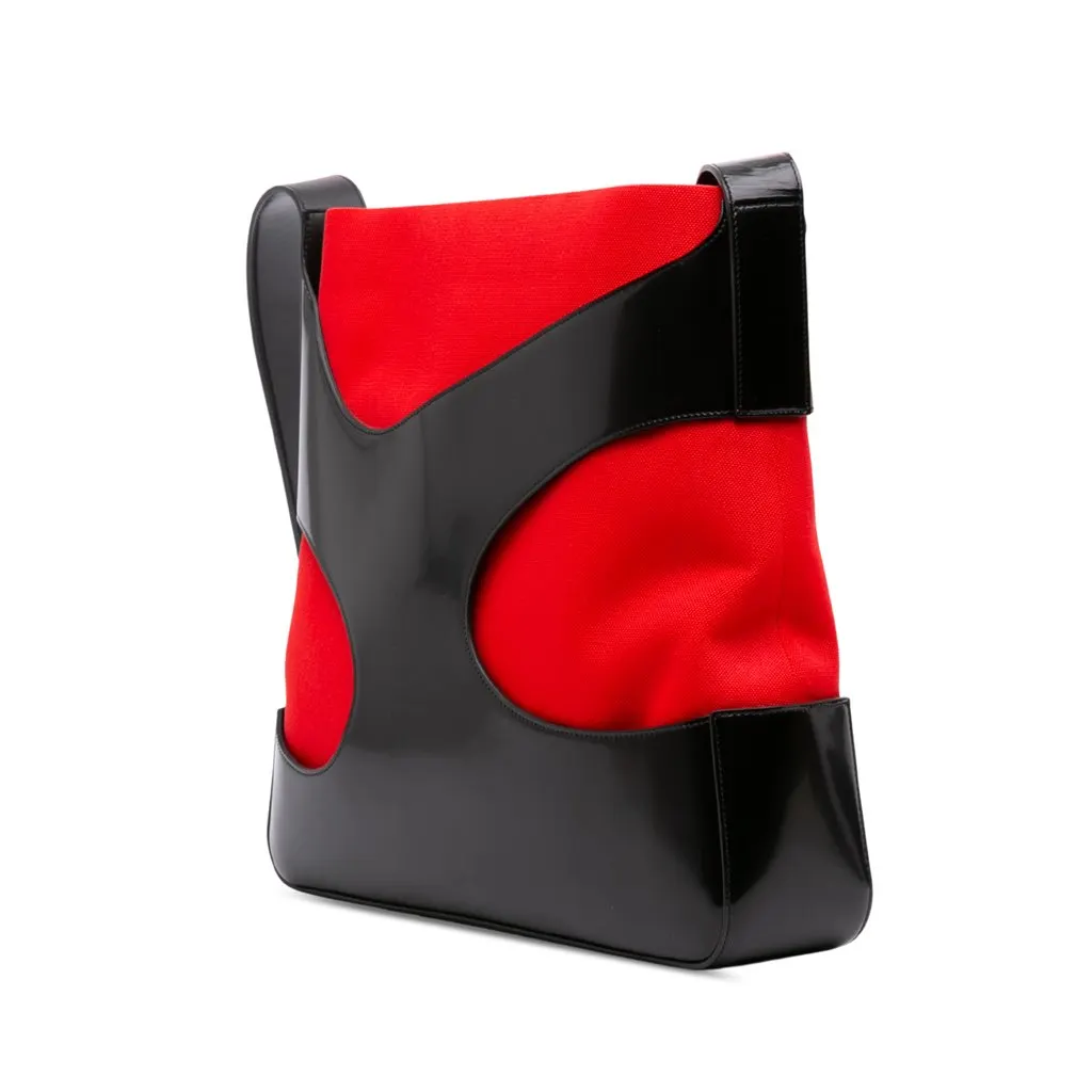 Salvatore Ferragamo Brushed Calfskin Cut Out and Canvas Crossbody Black Leather Very good - Back View