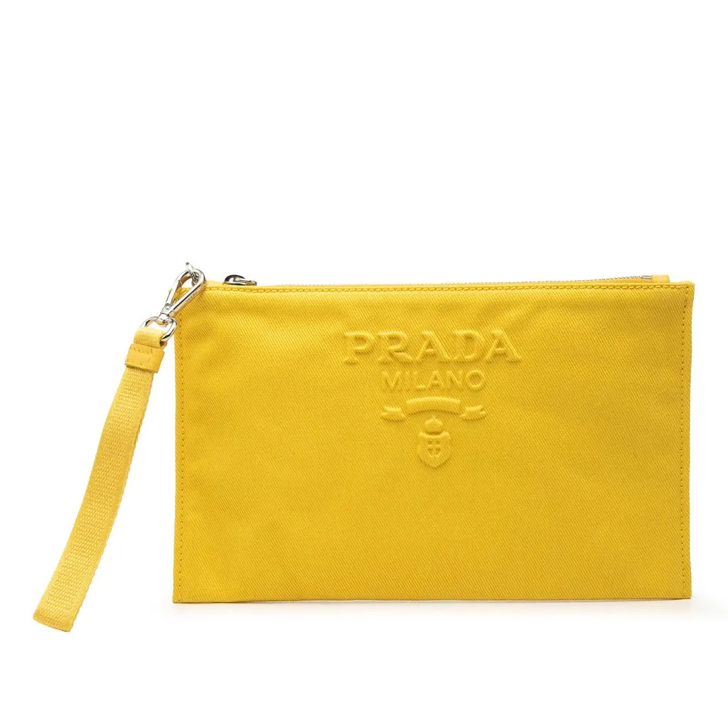 Prada Embossed Logo Canvas Wristlet Clutch Yellow Very good - Front View