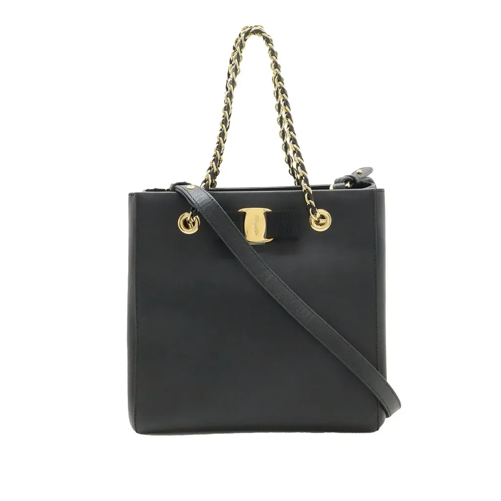 Ferragamo Leather Vara Bow Satchel Black Leather Very good - Front View
