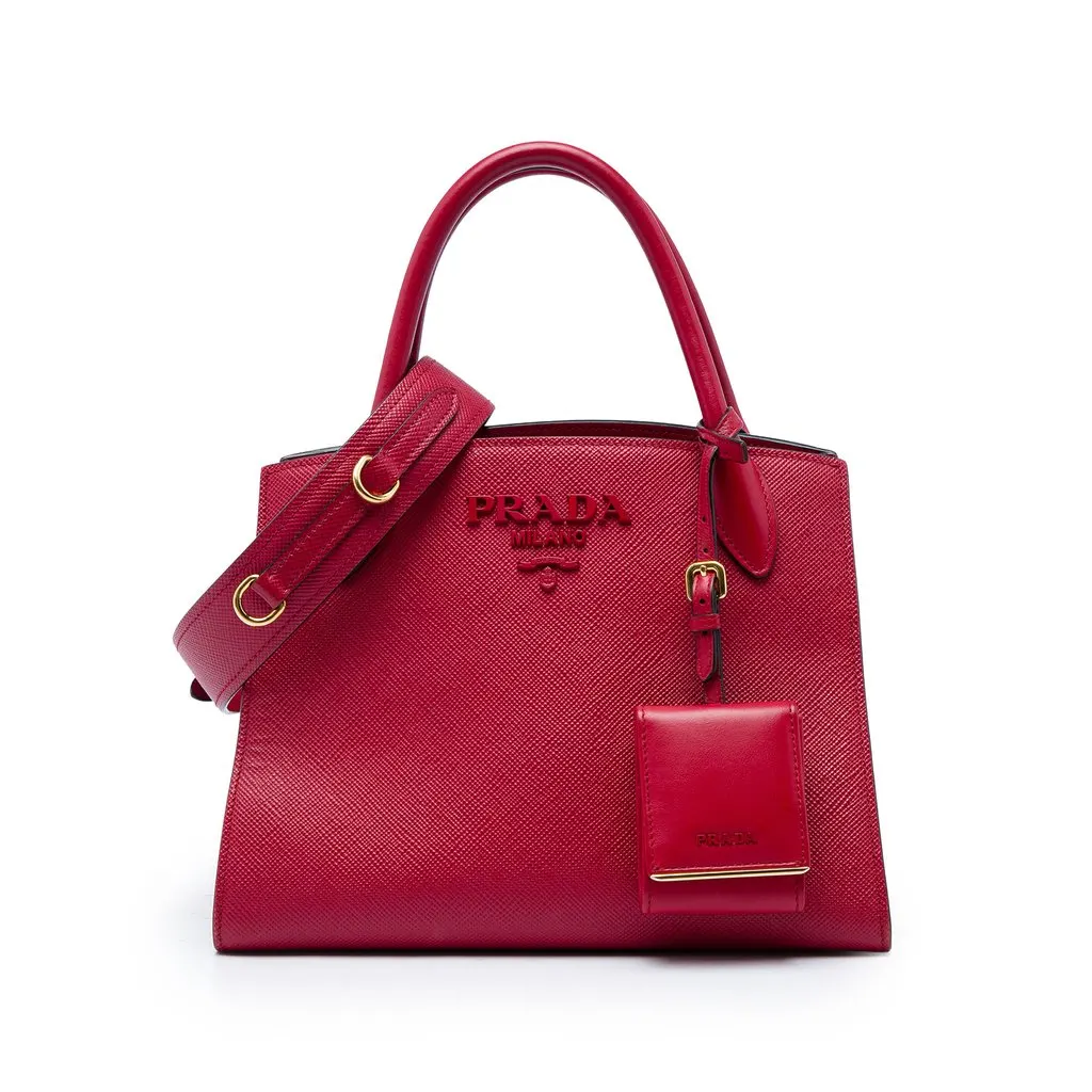 Prada Small Saffiano Cuir Monochrome Top Handle Tote Red Leather Very good - Front View