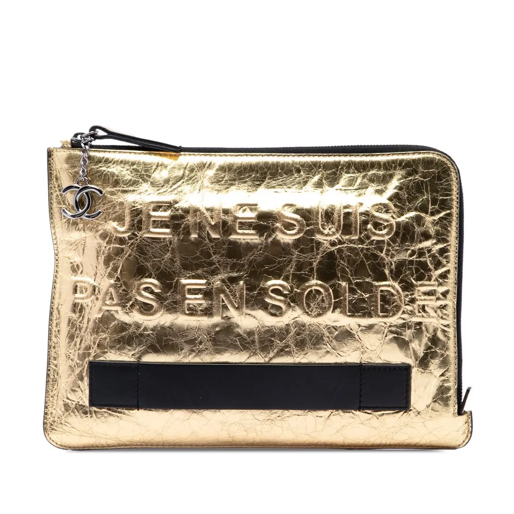 Chanel Metallic Lambskin Je Ne Suis Pas En Solde Clutch Gold Leather Very good - Front View