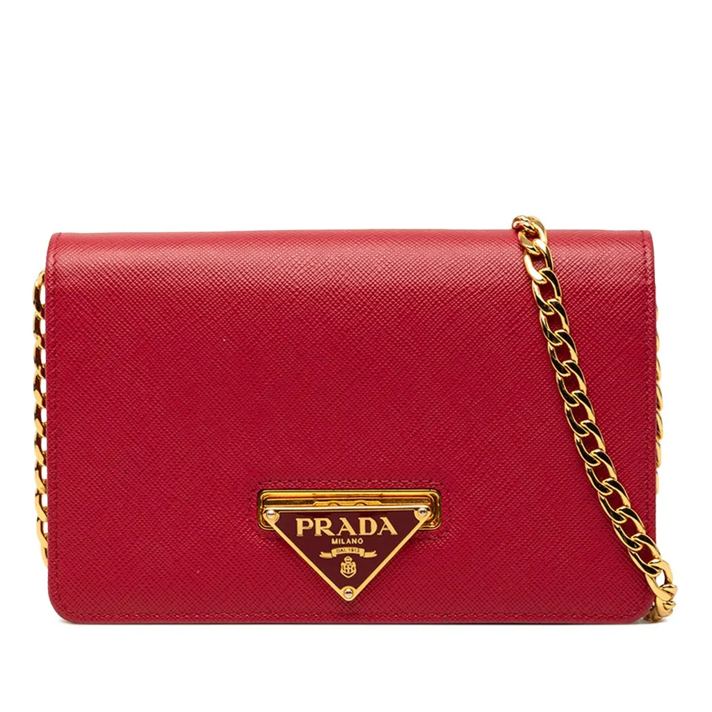 Prada Saffiano Lux Flip Lock Wallet on Chain Red Leather Very good - Front View