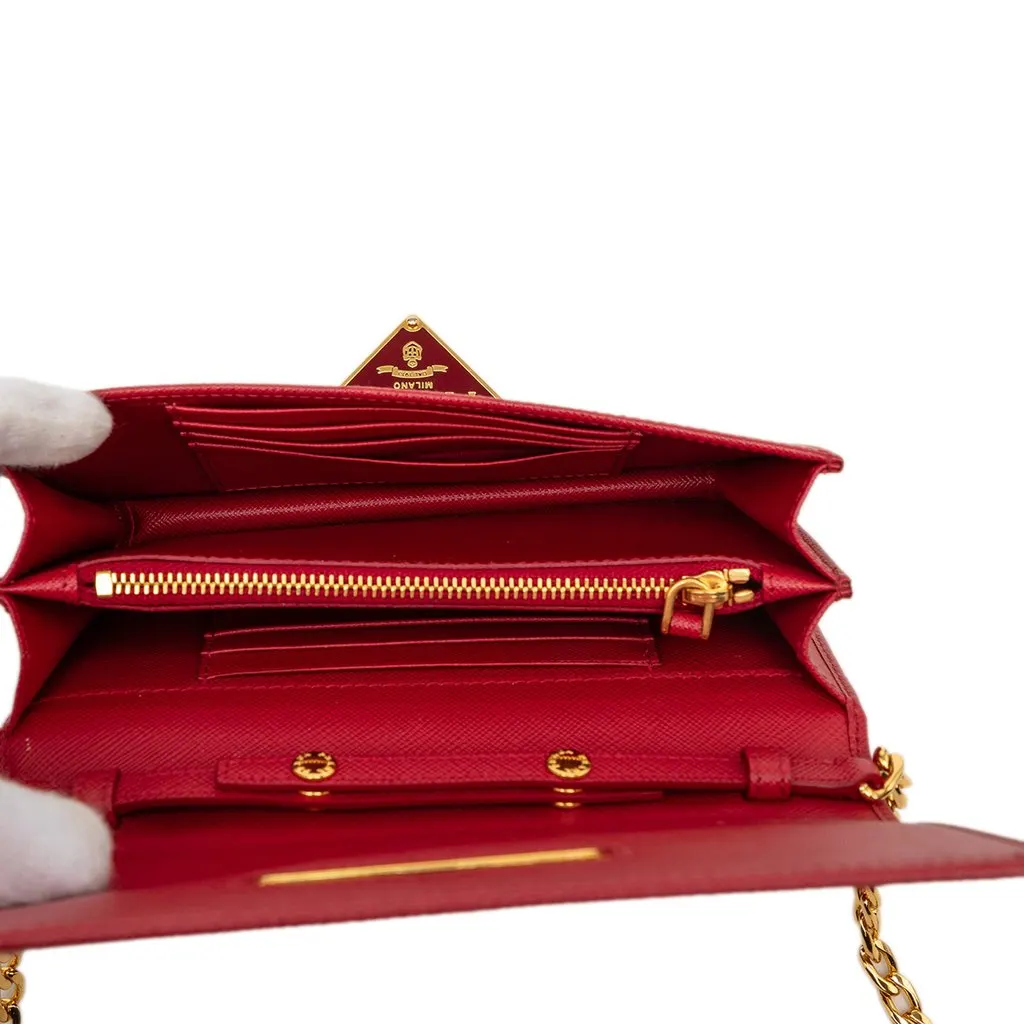 Prada Saffiano Lux Flip Lock Wallet on Chain Red Leather Very good - Model View