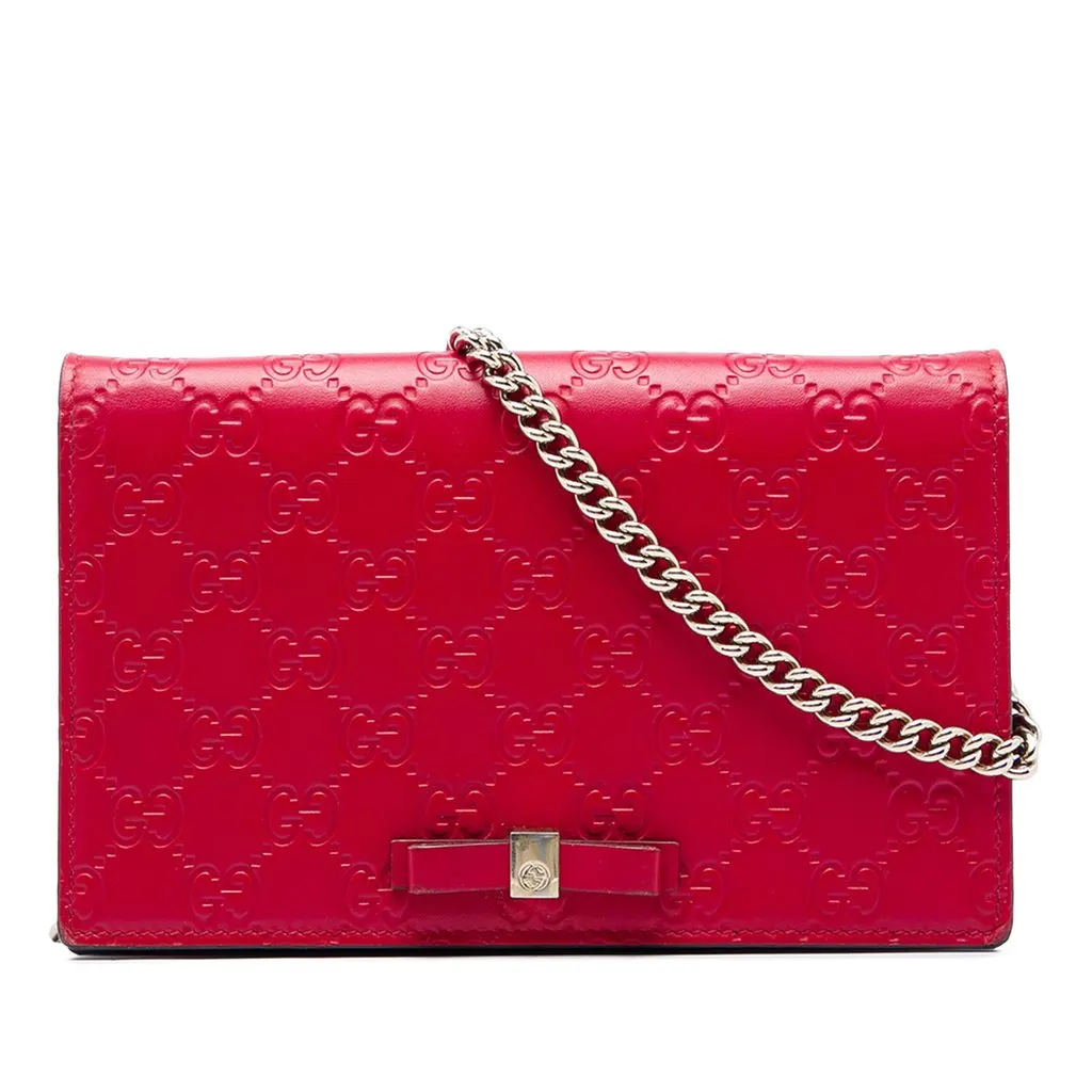 Gucci Mini Guccissima Bow Signature Wallet On Chain Red Leather Very good - Front View