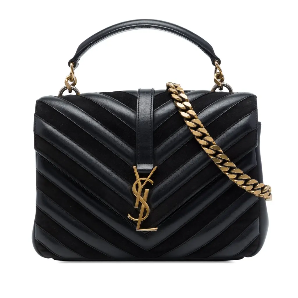 Saint Laurent Medium Calfskin and Suede Chevron Monogram College Satchel Black Suede Good - Front View