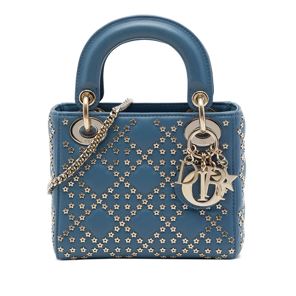 Dior Mini Lambskin Cannage Lucky Star Studded Lady Dior Blue Leather Very good - Front View