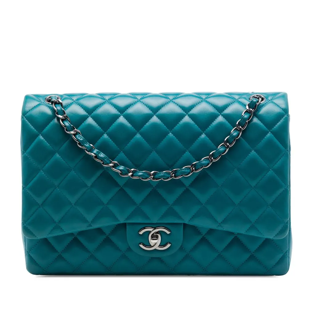 Chanel Maxi Classic Lambskin Double Flap Blue Leather Very good - Front View