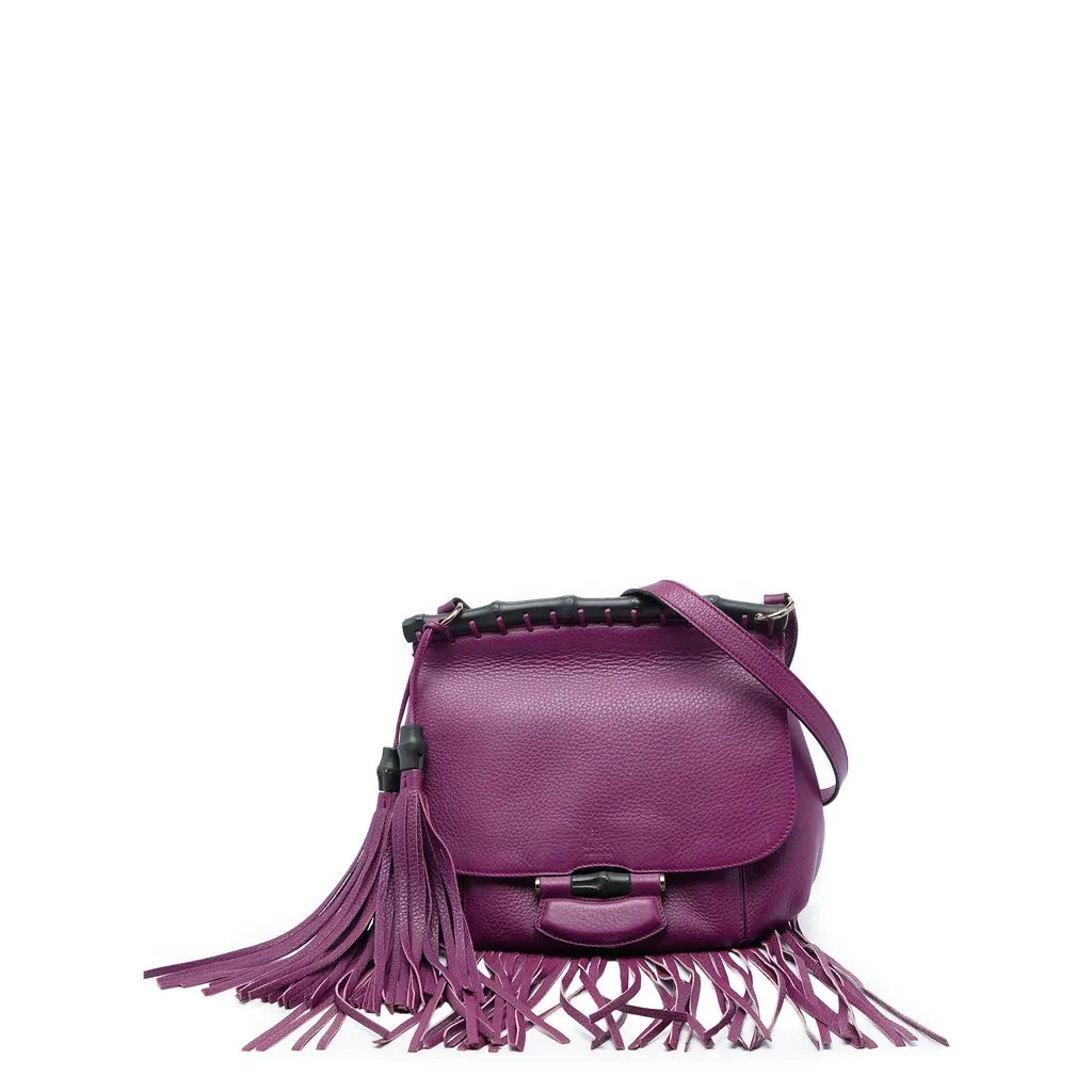 Gucci Medium Calfskin Bamboo Nouveau Fringe Crossbody Purple Leather Very good - Front View
