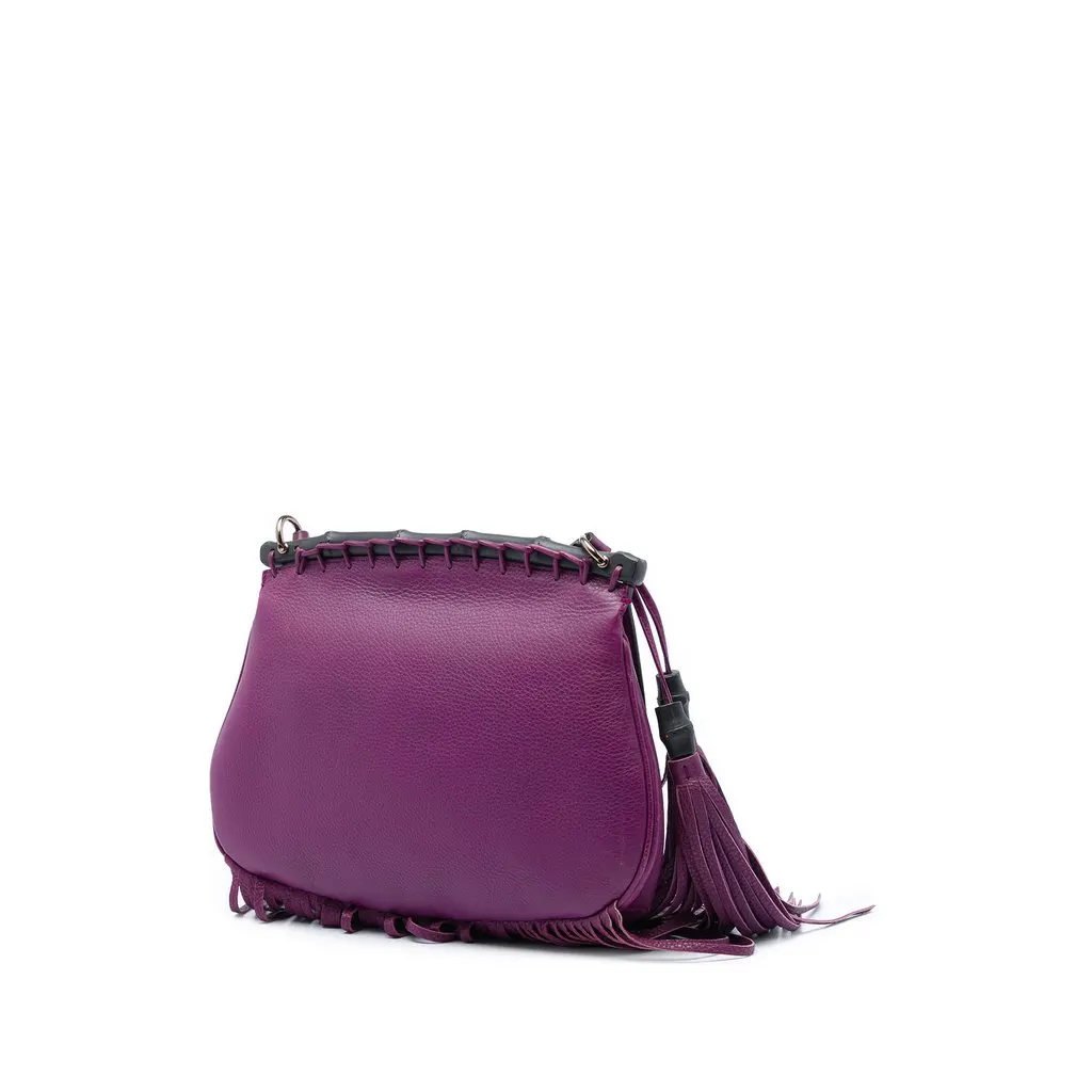 Gucci Medium Calfskin Bamboo Nouveau Fringe Crossbody Purple Leather Very good - Back View