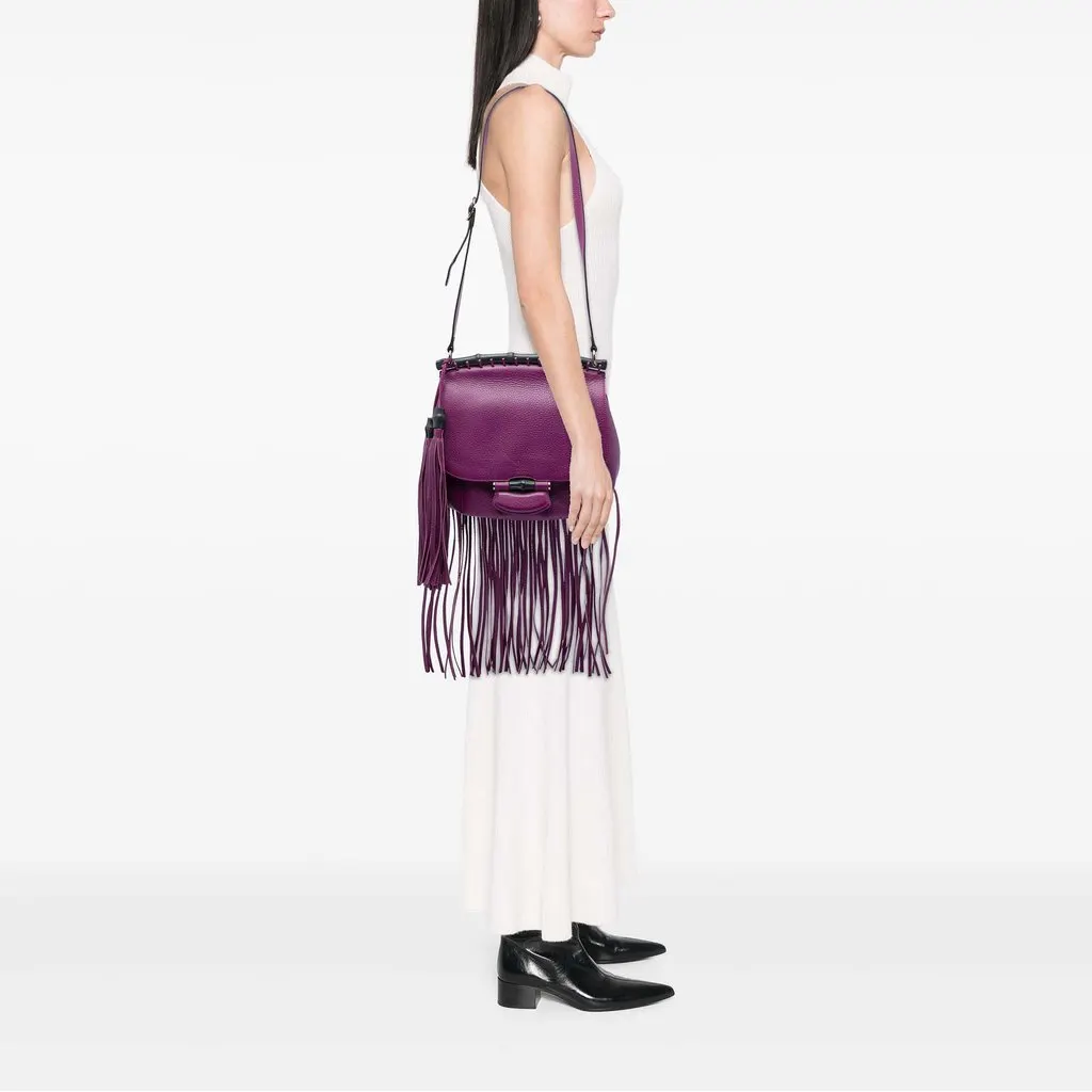 Gucci Medium Calfskin Bamboo Nouveau Fringe Crossbody Purple Leather Very good - Box View
