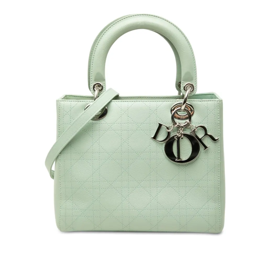 Dior Medium Calfskin Cannage Lady Dior Green Leather Very good - Front View