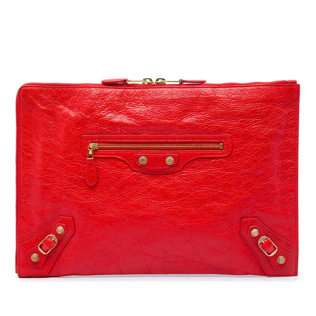 Balenciaga Lambskin Motocross Giant 12 Zip Around Flat Clutch Red Leather Very good - Front View