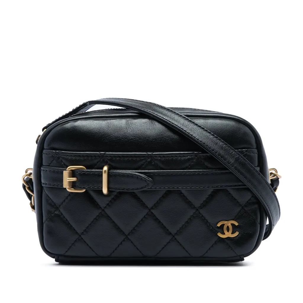 Chanel Small Quilted Lambskin Buckle Camera Bag Black Leather Very good - Front View
