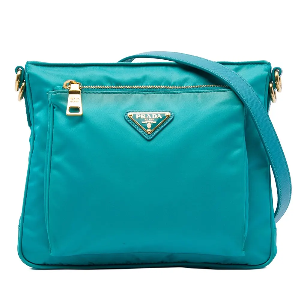 Prada Saffiano Trimmed Tessuto Zip Top Crossbody Blue Polyamide Very good - Front View