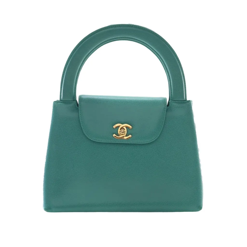 Chanel CC Caviar Kelly Top Handle Flap Green Leather Very good - Front View