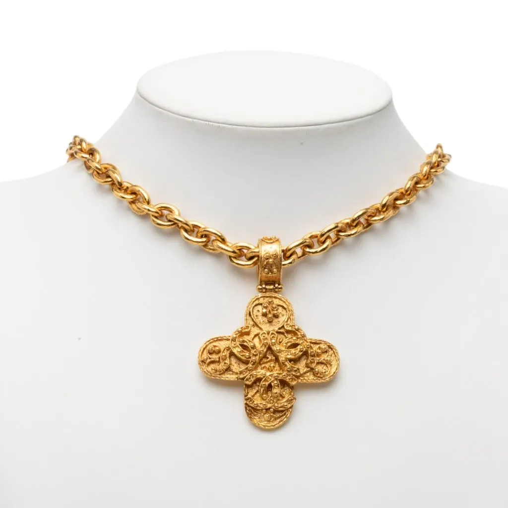 Chanel Triple CC Gold Plated Cross Pendant Necklace Gold Metal Very good - Box View