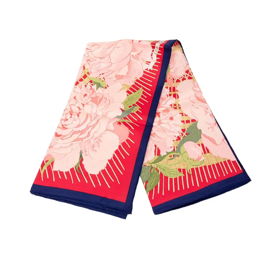 Hermès Les Pivoines Silk Scarf 90 Red Silk Good - Front View